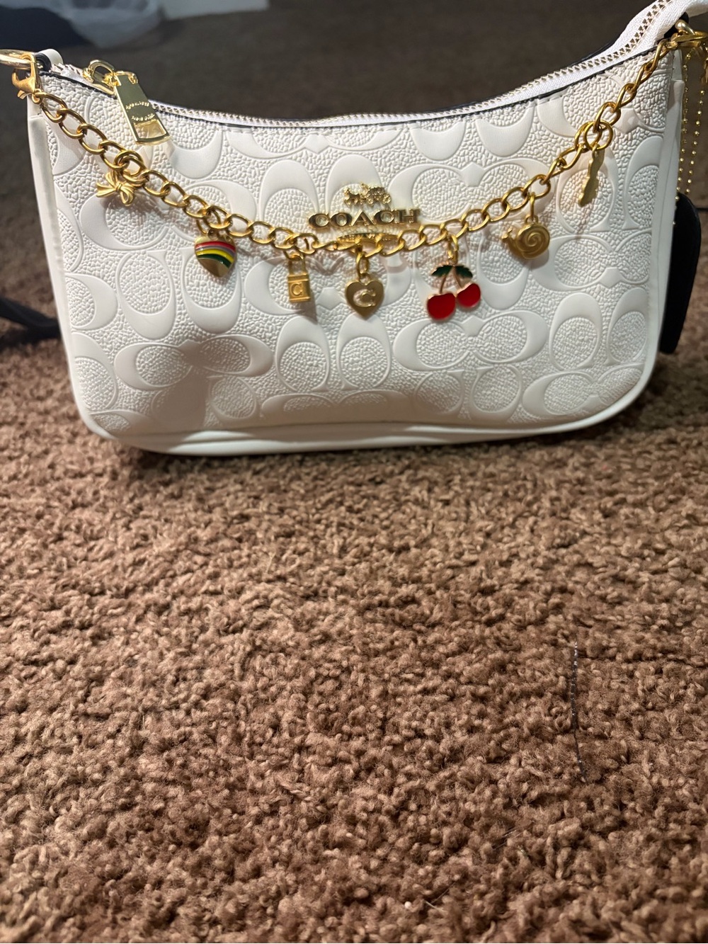 Coach White Embossed Logo Shoulder Bag with Gold Charm Chain